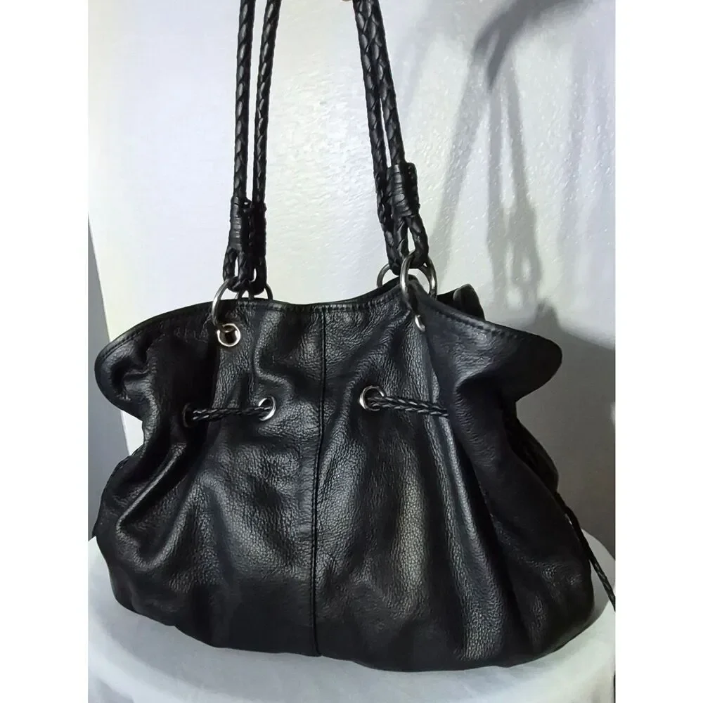Elliott Lucca Black Pebble Leather Drawstring Hobo
